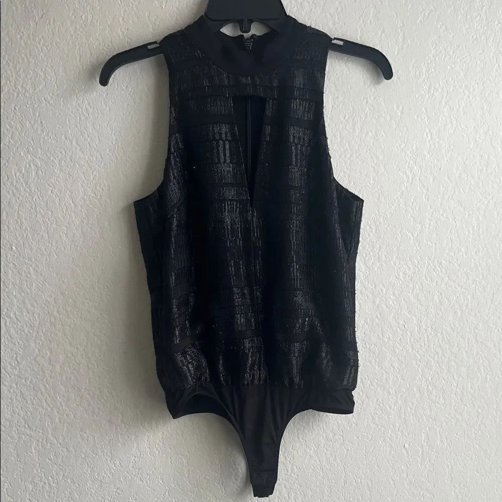 Like New! Bebe Mock Neck Keyhole Bodysuit Black Sleeveless Shimmery in XS